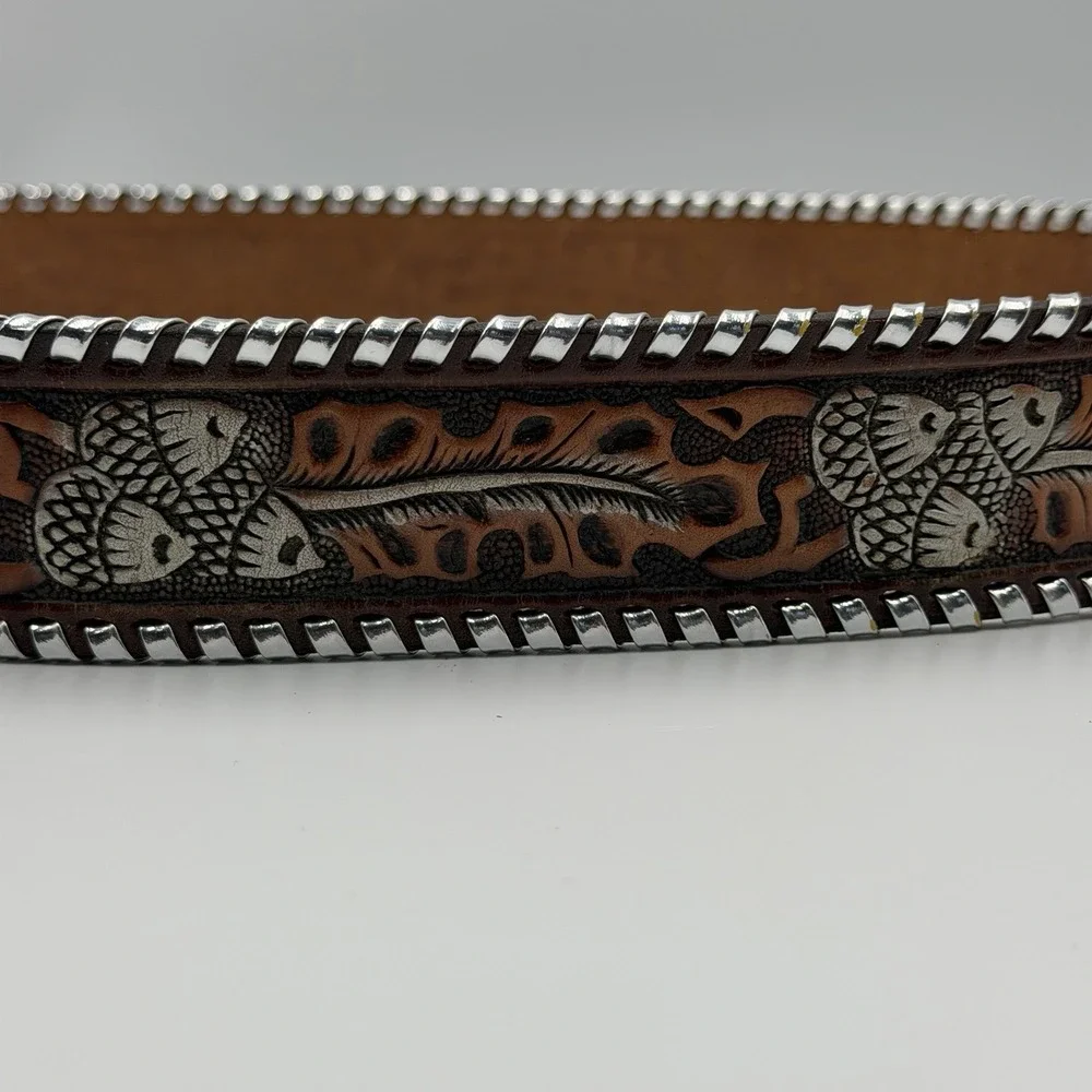Hand Painted Western Cowboy Brown Leather Belt‎ Silver Buckle/Detail Size 38